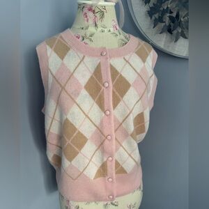🆕 Joie Elegant Pink Argyle Button-Up Cashmere Sweater Vest